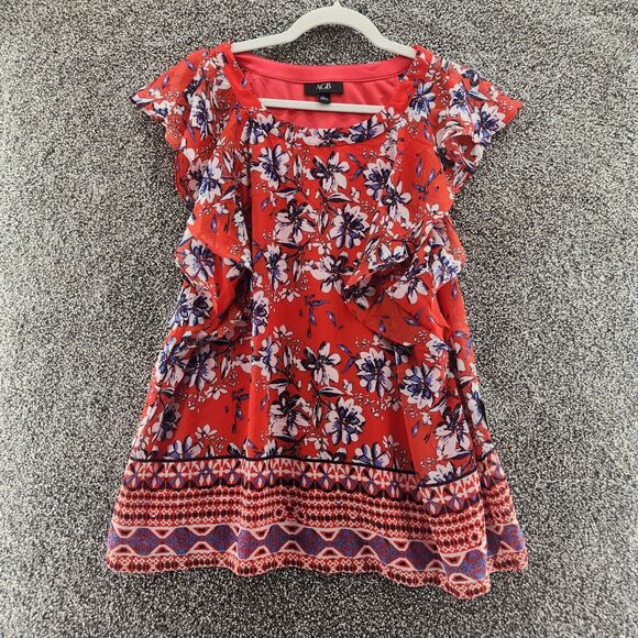 AGB Large Multicolor Red Blue Floral NWT Short Sleeve Blouse - Picture 1 of 9